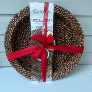 NEW Sur La Table Rattan Chip and Dip Set With Stoneware Bowl